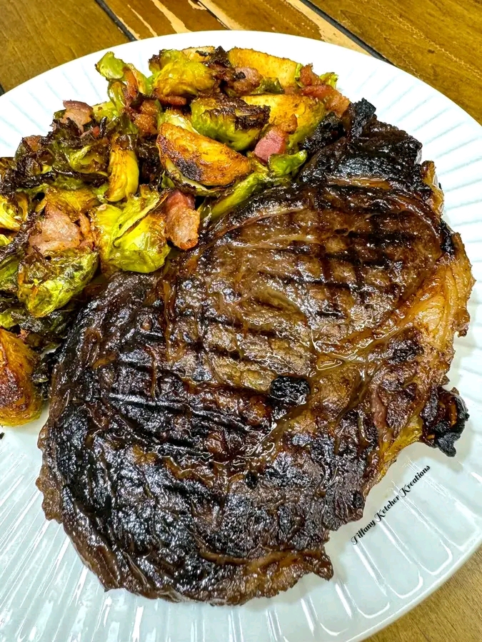 Ribeye with honey balsamic bacon brussels sprouts